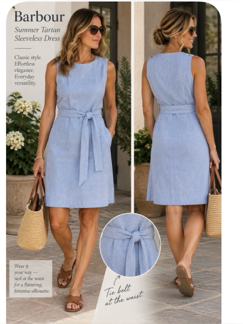 Barbour Summer Tartan Blue Linen Blend Sleeveless Dress Size 4